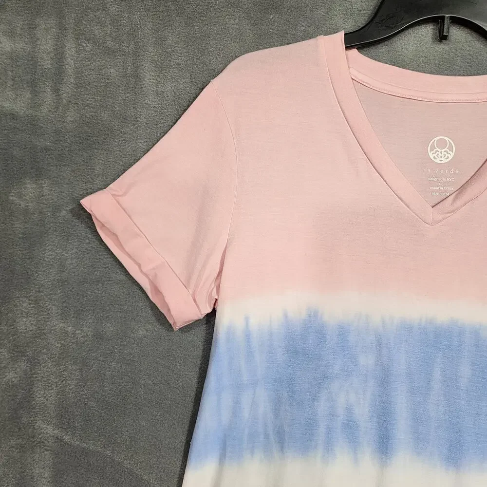 TE Verde Tie Dye Tshirt Dress Pink Purple Blue Size Small Oversized Soft V Neck‎ - Picture 4 of 6